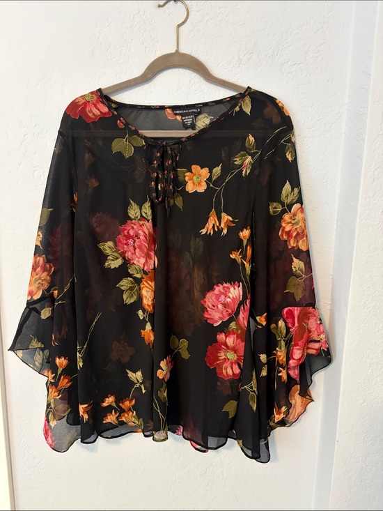 American Angel Tops - Sheer Black Floral Tie-Neck Blouse with Flowing Sleeves